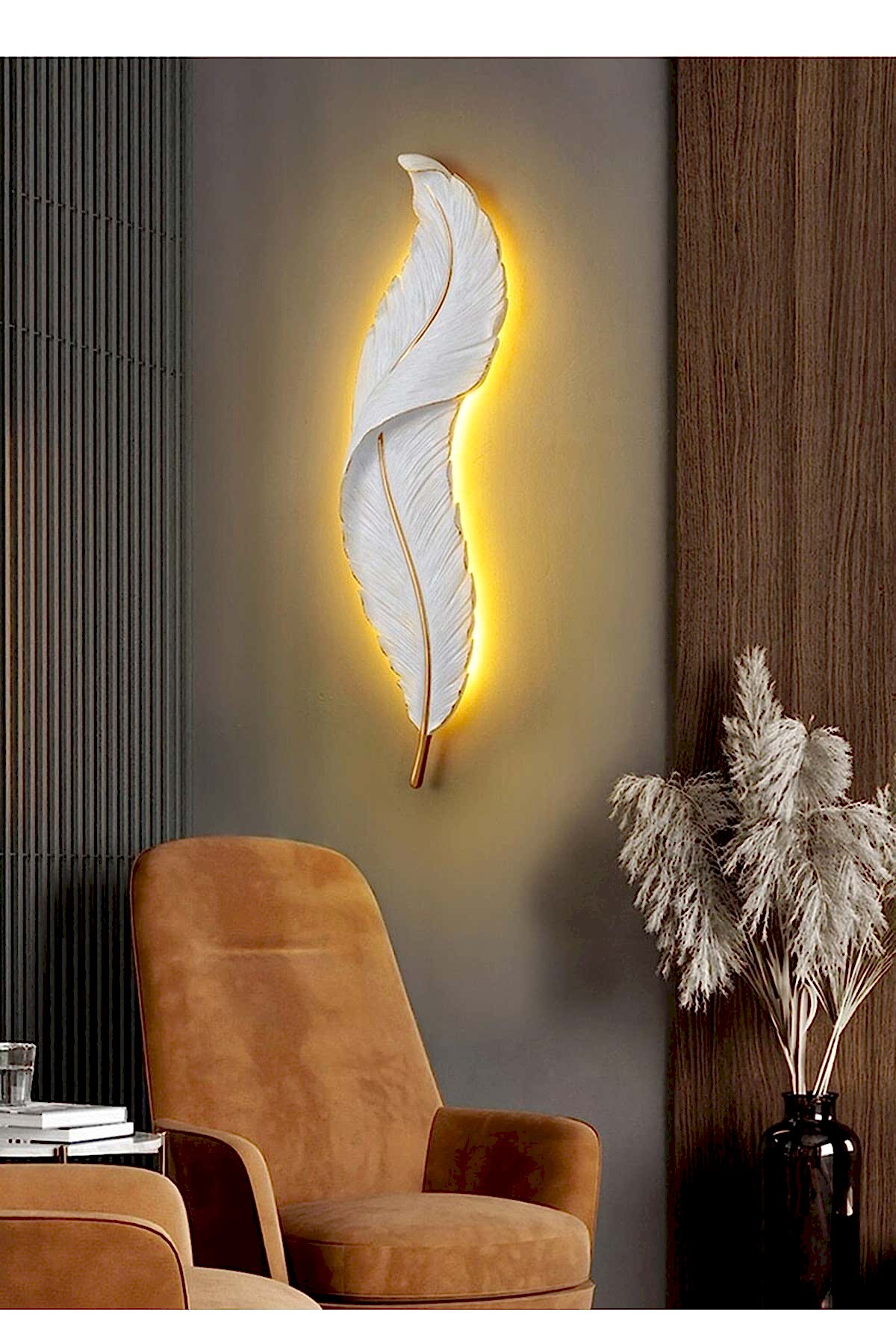 Büyük Boy Dekoratif Beyaz Renk Tüy Şekilli Pilli Işıklı Duvar Dekoru Modern Aplik