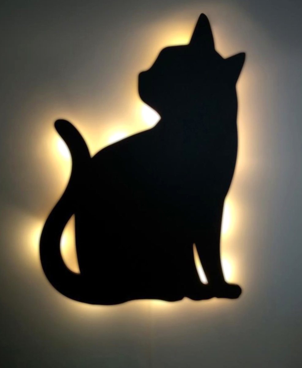 Dekoratif Büyük Boy Led Işıklı Oturan Kedi Ahşap Tablo