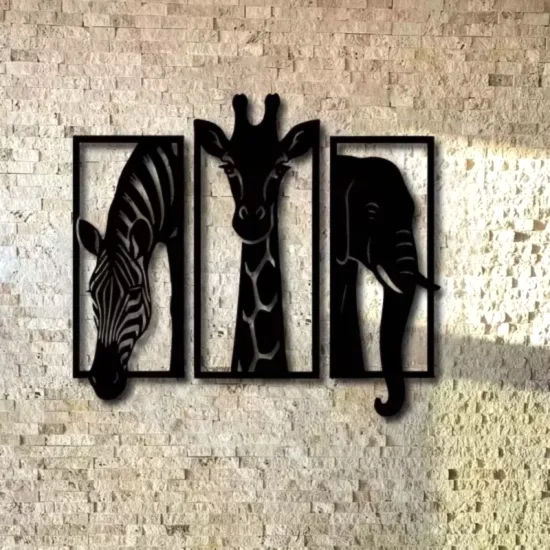 Üçlü Hayvan Zebra Zürafa Fil Ahşap Duvar Tablo