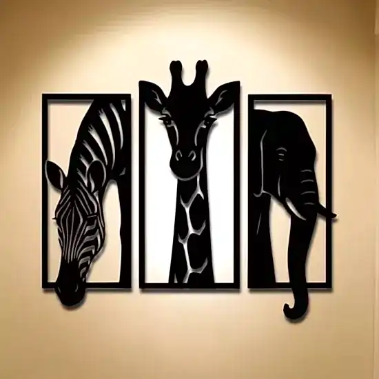 Üçlü Hayvan Zebra Zürafa Fil Ahşap Duvar Tablo