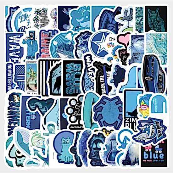 50 Adet Tekrarsız Mavi Tema Karışık Kalite Pvc Sticker 09