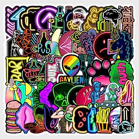50 Adet Tekrarsız Neon Tarz Kalite Pvc Sticker Süs 010