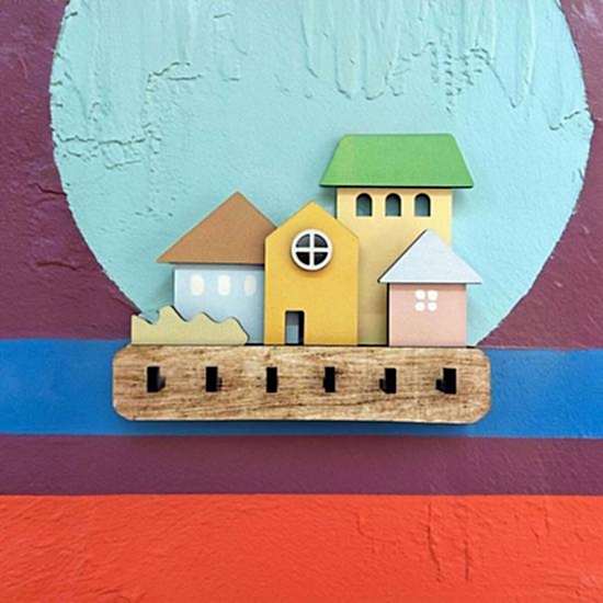 Dekoratif Boyutlu Pastel Ton Evler Duvar Dekoru Askılık Anahtarlık
