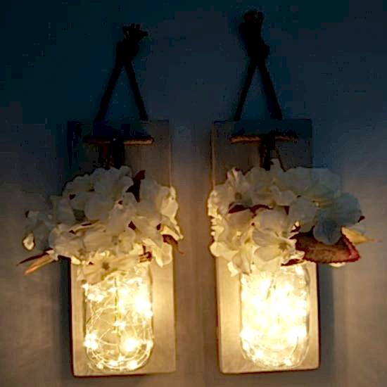 Dekoratif Ikili Kavanoz Yapay Çiçek Peri Led Işık Aplik