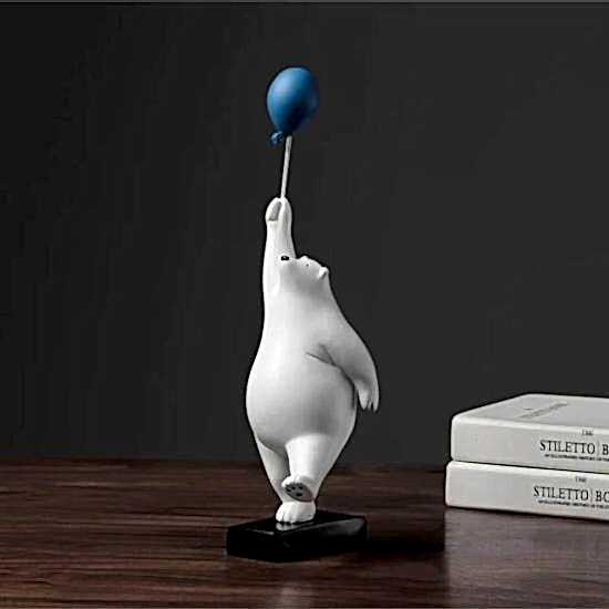 Dekoratif Sevimli Beyaz Balon Tutan Ayı Modern Biblo Süs