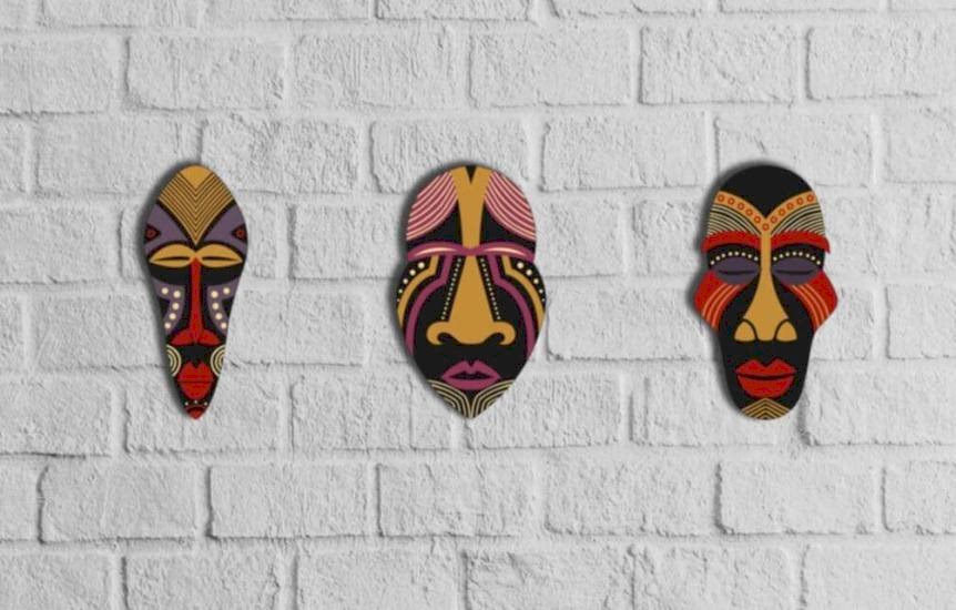 Dekoratif Üçlü Ahşap Tablo Otantik Maske Kabile Mask Süs